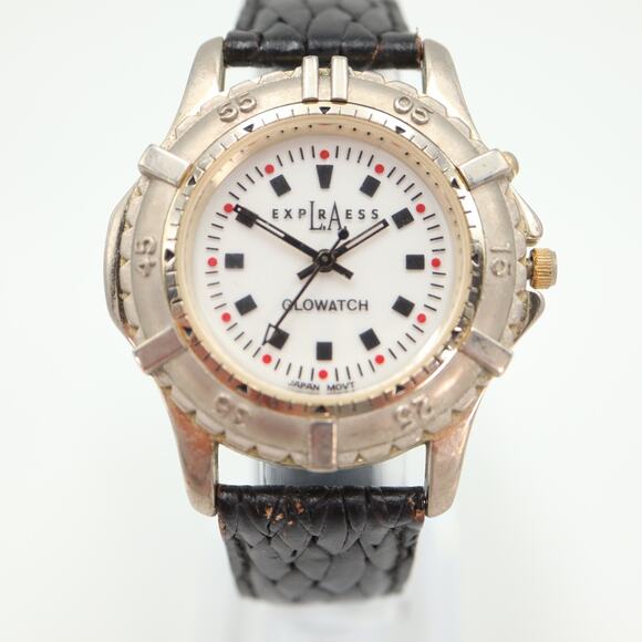 Express LA 40mm Glow Watch White Backlight Dial Black Leather w New Battery - Picture 5 of 16